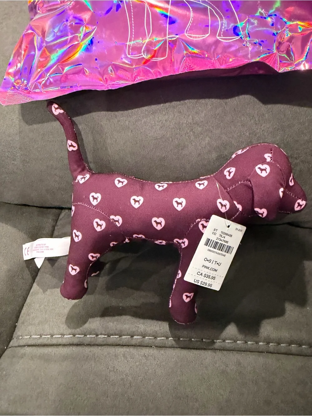 PINK Victoria's Secret Dark Plum Plush Dog with Light Pink Heart Print